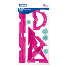 PACK 4 REGLAS FLEX ESCUADRA CARTABON SEMICIRCULO MILAN ROSA