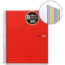 NOTE BOOK 8 A5 ROJO 8COLORES CUADRICULA