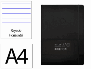 CUADERNO CON GOMILLA ANTARTIK NOTES TAPA DURA A4 HOJAS RAYAS NEGRO 100 HOJAS 80 GR FSC