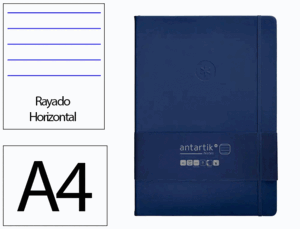 CUADERNO CON GOMILLA ANTARTIK NOTES TAPA DURA A4 HOJAS RAYAS AZUL MARINO 100 HOJAS 80 GR FSC
