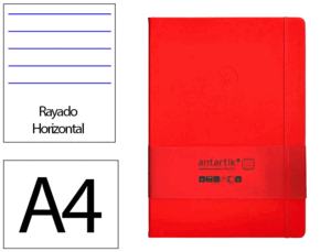 CUADERNO CON GOMILLA ANTARTIK NOTES TAPA DURA A4 HOJAS RAYAS ROJO 100 HOJAS 80 GR FSC