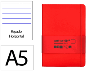 CUADERNO CON GOMILLA ANTARTIK NOTES TAPA DURA A5 HOJAS RAYAS ROJO 100 HOJAS 80 GR FSC