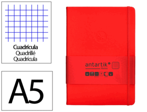 CUADERNO CON GOMILLA ANTARTIK NOTES TAPA DURA A5 HOJAS CUADRICULA ROJO 100 HOJAS 80 GR FSC