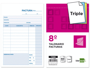 TALONARIO LIDERPAPEL FACTURAS OCTAVO -CON IVA-300 TRIPLICADO