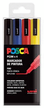 PACK 4 ROTULADORES AL AGUA POSCA PC-3 COLORES BASICOS 0,9-1,3MM