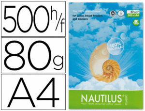 PAPEL FOTOCOPIADORA NAUTILUS DIN A-4 80 GRAMOS -PAQUETE DE 500 HOJAS 100% RECICLADO